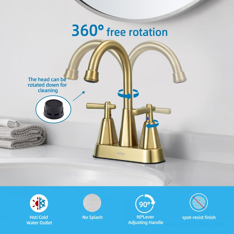 Sbosbo Bathroom Sink Faucet  SBOSBO 4 Inch Bathroom Faucet for Sink 3 Hole  2 Handle Sink Faucet with Pop Up Drain Assembly and 2 Water Supply Hoses for RV Bathroom Vanity (Brushed Gold) - Image 2